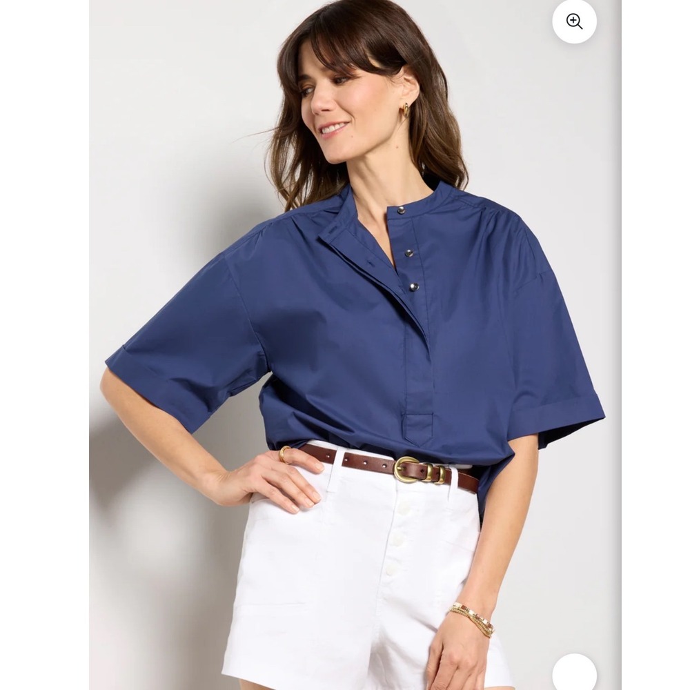 Sanctuary Relaxed Short Sleeve Popover Navy Blue Cotton Blouse women's size L